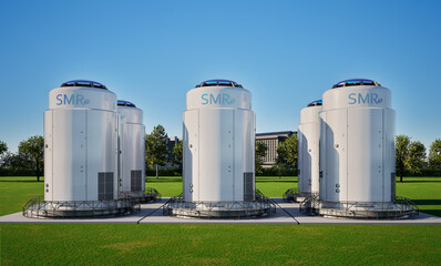 Fototapeta premium Group of smr or small modular nuclear reactors power plant against blue sky