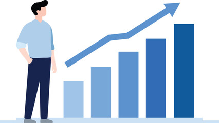 A businessman stands confidently next to a rising bar chart and an upward arrow, representing financial success and positive trends. © Nugrahitha Aditya