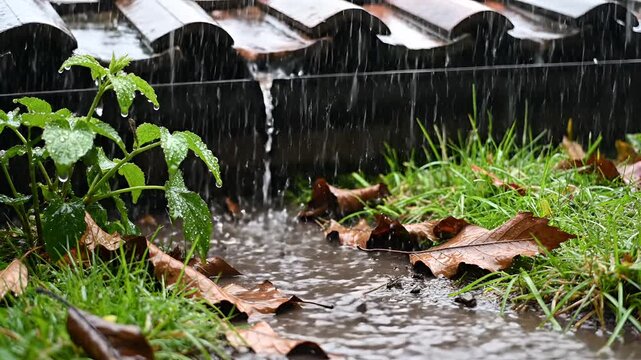 Rainwater flowing from roof tiles onto wet grass and leaves.