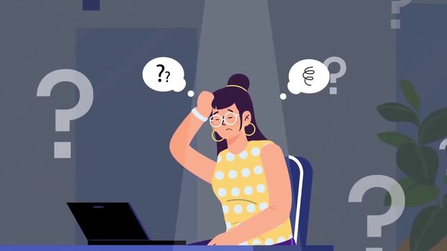 Stressed Woman with Laptop Having Software Error or Confusion with Question Marks 2D Animation