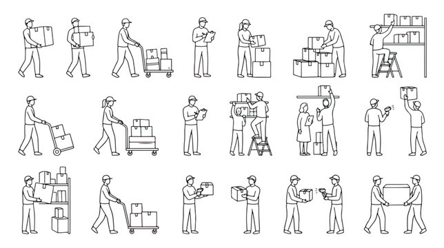 Warehouse workers line art icons, delivery personnel carrying cardboard boxes vector set, logistics staff and courier service characters collection