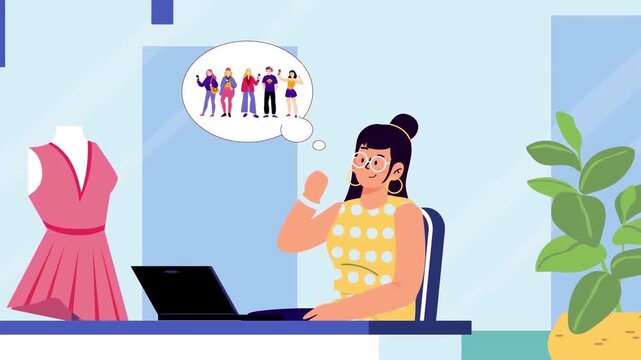 Creative Female Fashion Designer Working on Laptop near Dress Mannequin Studio Concept 2D Animation