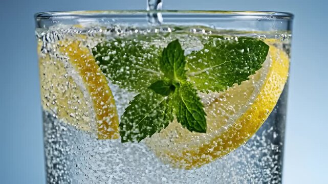 Refreshing Water with Lemon and Mint Being Poured.