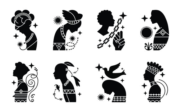 Juneteenth celebration silhouette icons set black and white decorative illustrations
