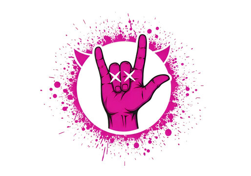 Vibrant pink rock on hand sign with devil horns, edgy punk rock hand gesture with paint splatter, urban street art style graphic on white background