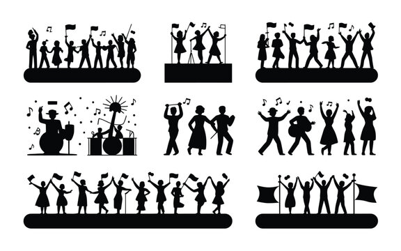 Black silhouettes of people celebrating dancing and playing music with flags and musical notes on white background for juneteenth or cultural events
