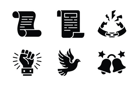 Set of six black and white icons including documents hand dove and alarm bells