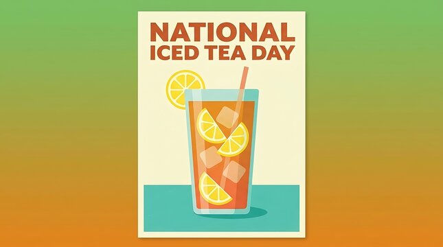Bold writing "National Iced Tea Day," a tall glass of iced tea with lemon slices, a flat vector poster, and a cool summer color scheme