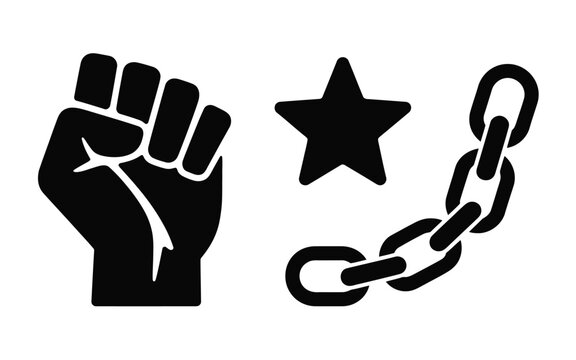 Juneteenth icon set with fist star and broken chain symbolizing freedom and liberation