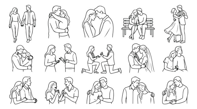 Minimalist line art couple collection, romantic wedding and engagement vector set, 15 hand drawn icons of lovers in various poses for invitations