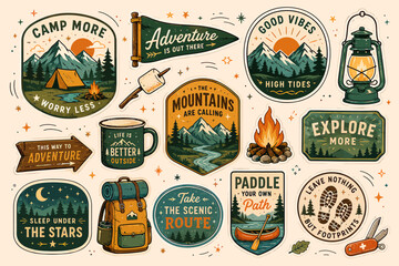 Obraz premium Comprehensive set of vintage outdoor adventure badges and patches, illustrating serene mountain landscapes, cozy camping, invigorating hiking, and inspiring wilderness exploration themes