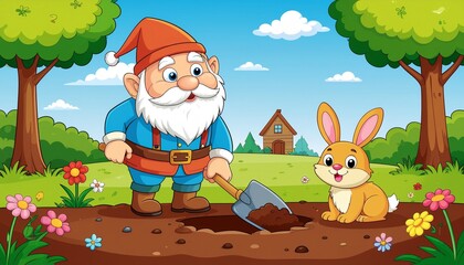 Naklejka premium Whimsical garden gnome digging in lush spring meadow while cheerful rabbit watches amidst blooming flowers and trees under bright blue sky