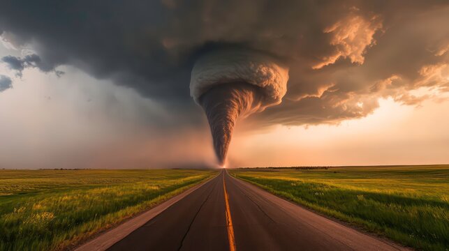 A powerful tornado funnel cloud descends towards a straight road in a grassy plain, illuminated by a dramatic sunset.