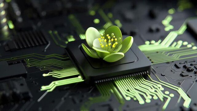 A digital flower sits on a circuit board. Green lines show the connection between nature and technology. This is an artistic take on electronics.