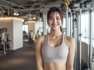 Fototapeta premium フィットネスジムの室内でカメラを見つめて爽やかに微笑むトレーニングウェア姿の女性