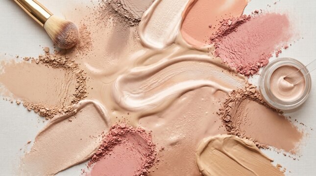 Cosmetic foundation, bronzer, and blush swatches with makeup brush. Smears of liquid and powder beauty product on white surface. Skin tone variety for professional makeup artist work.