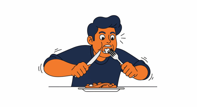 Hungry animated man eagerly eating delicious food quickly.
