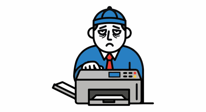 Cartoon man frustrated with malfunctioning office printer device.