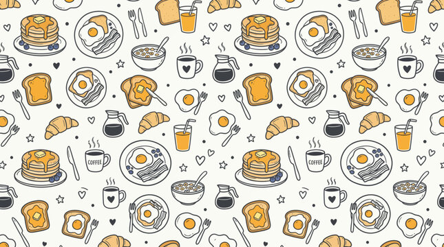 A vibrant illustration of various breakfast foods scattered on a table.