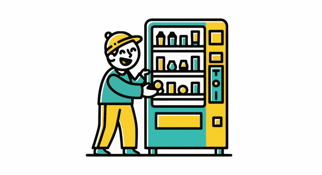 Cartoon man selecting drinks from large vending machine.