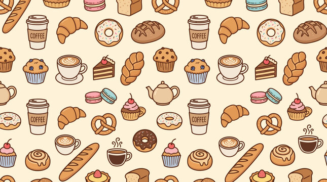 A colorful assortment of baked goods and coffee drinks on a table indoors.