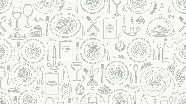 A table setting with various plates of food, utensils, and glasses on a decorative background
