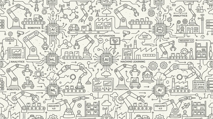 Obraz premium A complex illustration depicting various industrial and technological elements in a busy factory setting with multiple machines and workers.