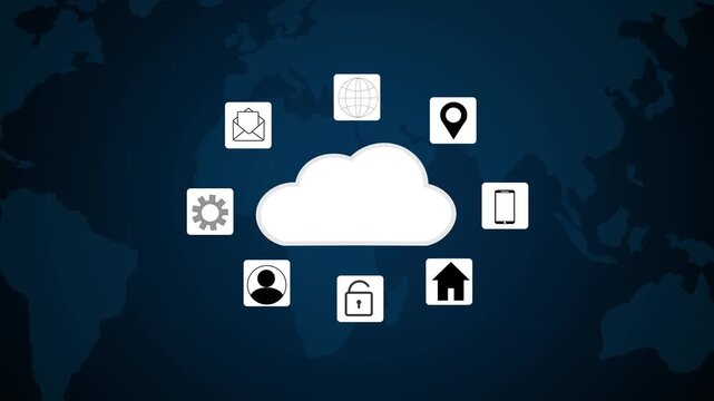 Cloud computing icons arranged around cloud on map. Cloud database symbol for global internet network storage. Digital cloud animation for world server.