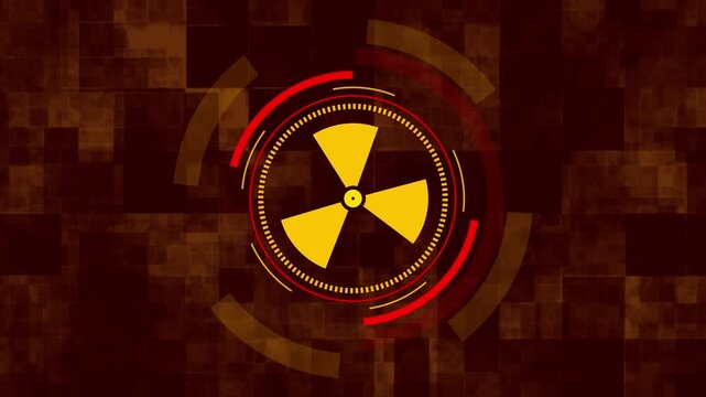 Radioactive symbol within futuristic circular interface dashboard. Hazardous radiation alert symbol for toxic zone warning. Digital radioactive animation.