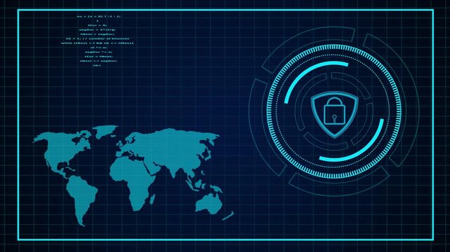 Digital world map and cybersecurity code with lock. Global data privacy symbol for international data protection. Digital world map animation for encryption.