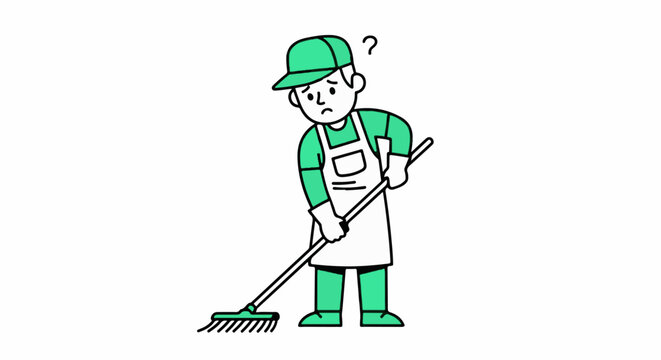 Confused gardener holding rake and thinking hard outdoors.