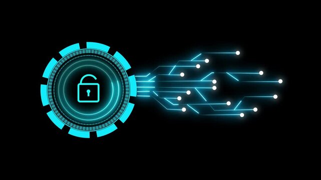 Unlocked padlock icon connected to digital circuit board. Decrypted hardware symbol for granted system clearance. Digital padlock animation for computer safety.