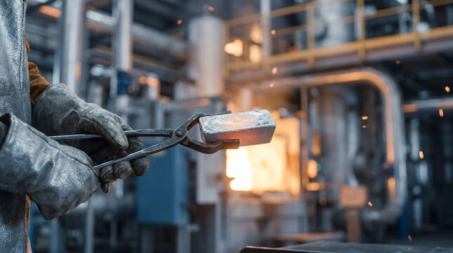 Close up of a refinery worker hands in protective heat gloves holding a freshly cast glowing silver metal bar with tongs inside a factory