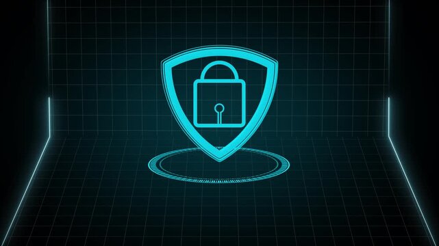 Cyan shield with padlock icon on digital grid floor. Cybersecurity protection symbol for server database encryption. Digital shield animation for network safety.