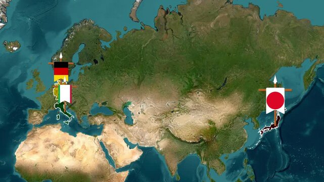 Animated flags of Germany, Italy, and Japan moving across a satellite map of Earth