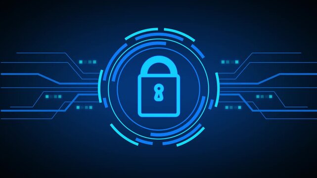 Futuristic blue lock icon with circuit board lines. Cybersecurity hardware symbol for digital network protection. Digital lock animation for computer safety.