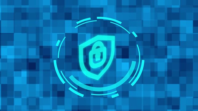 Digital shield security icon on pixelated blue background. Cybersecurity protection symbol for data privacy encryption. Digital shield animation for safety.