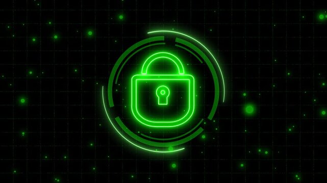 Neon green lock icon with digital grid and particles. Cybersecurity privacy symbol for safe account database clearance. Digital lock animation for protection.