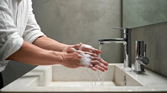 Person washing hands with soap under running water at a modern sink, showcasing the cleansing process in a stylish bathroom setting with minimalistic design