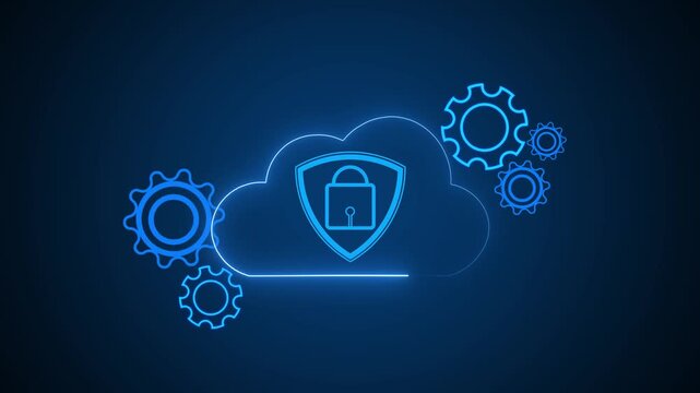 Cloud security with glowing lock and gears background. Cloud computing symbol for encrypted database server. Digital cloud animation for network safety.