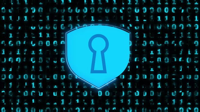 Digital shield with keyhole on binary code background. Cybersecurity protection symbol for information privacy encryption. Digital shield animation for safety.
