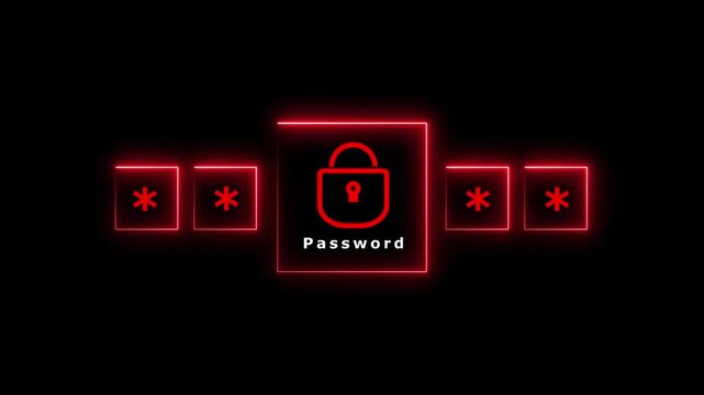 Password security with glowing red lock and asterisks. Cyber privacy symbol for encrypted account login protection. Digital lock animation for data safety.