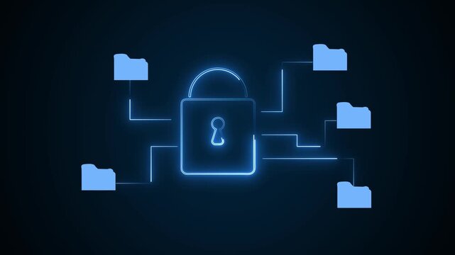 Blue neon padlock connected to digital folders background. Cybersecurity protection symbol for computer file encryption. Digital padlock animation for safety.