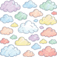 Obraz premium Cheerful collection of hand-drawn clouds, featuring delightful pastel colors and charming crayon scribble texture, ideal for playful designs and creative projects