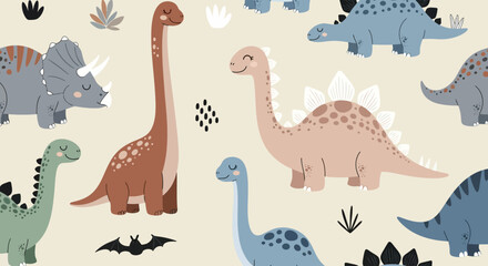 Colorful cartoon dinosaurs pattern, kids wallpaper, illustration background © Olivia