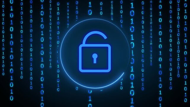 Unlocked padlock symbol with binary code rain background. Access granted symbol for decrypted security system. Digital padlock animation for network safety.