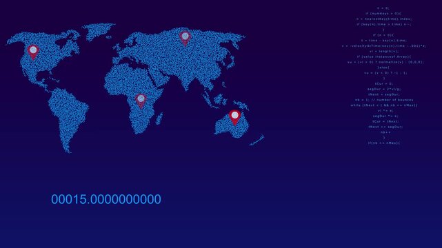World map with location markers and code snippet. Global navigation symbol for software programming connection. Digital world map animation for analytics.