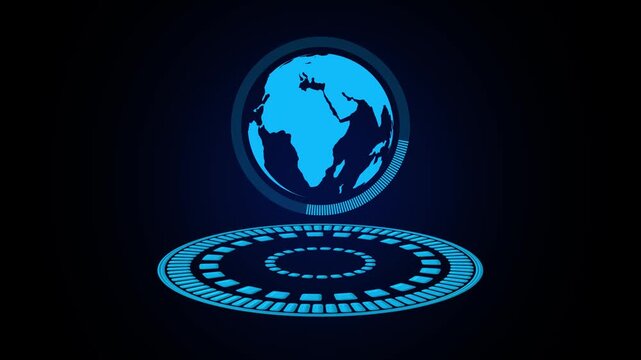 Holographic earth globe with digital interface dashboard. Global tracking symbol for international communication. Digital earth hologram animation for world.