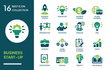 Fototapeta premium Set of Business Start Up Icon Concepts. Modern flat vector collection. Suitable for website, mobile app, user interface, presentation, infographic, dashboard, and digital design projects.