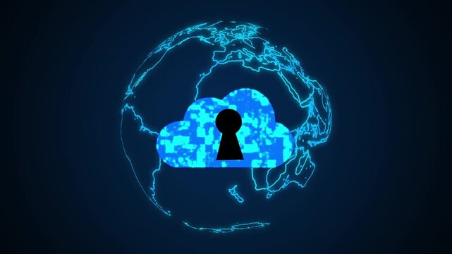 Cloud security icon with keyhole on digital globe. Global cloud database symbol for international information safety. Digital cloud animation for encryption.